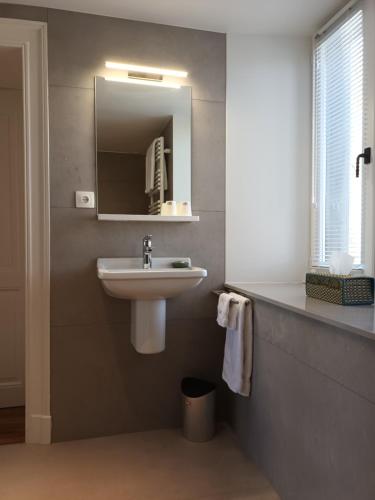 a bathroom with a sink and a mirror at L'ALBIZIA in Libin