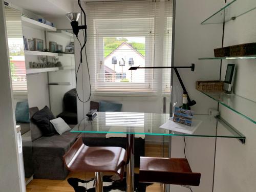 a glass table and chairs in a living room at Mini Apartment in Öhningen