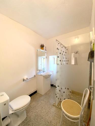 une salle de bain avec toilettes et lavabo dans l'établissement Location chaleureuse à Orgnac-l'Aven avec piscine partagée, à Orgnac-lʼAven