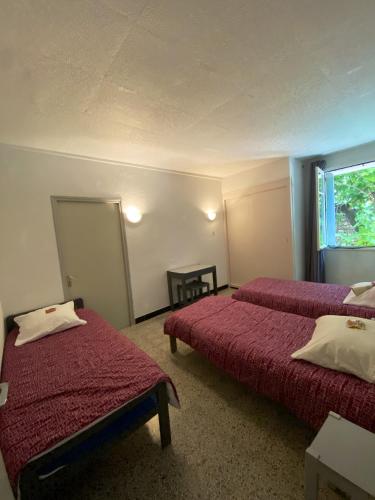 une chambre d'hôtel avec deux lits et une fenêtre dans l'établissement Location chaleureuse à Orgnac-l'Aven avec piscine partagée, à Orgnac-lʼAven