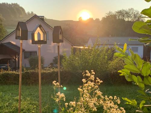 a house with three birdhouses in the yard with the sunset at Mini Apartment in Öhningen