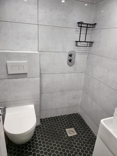 a bathroom with a toilet and a sink at Fancy Basement Flat B in London