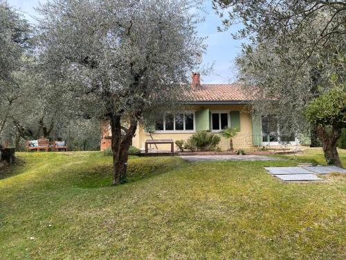 a yellow house with a tree in the yard at Villa Sweet Flower - with Private Pool and Garden in Manerba del Garda