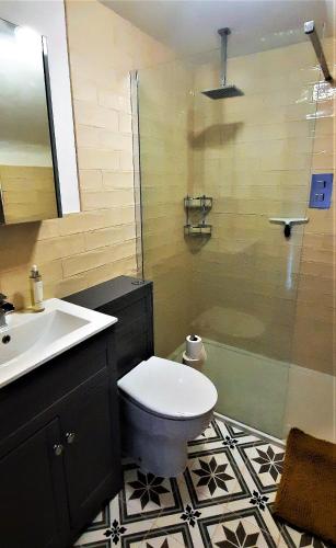 a bathroom with a toilet and a sink and a shower at Greenbrae East in Crieff