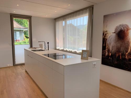 a kitchen with a counter with a painting of a sheep at Seaside-Lodge, Top Apartment in Spiez