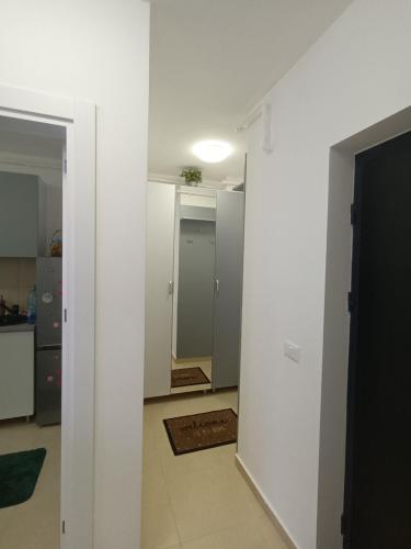 a room with a hallway with white walls and a kitchen at Garsoniera Monique Luxury in Chiajna
