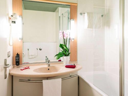 ミラノにあるホテル イビス ミラノ カ グランダのバスルーム(シンク、鏡、シャワー付)