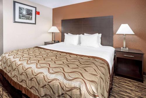 a large bed in a hotel room with two lamps at Baymont by Wyndham Beloit in Beloit