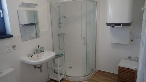 a bathroom with a glass shower and a sink at Apartments A + L in Rumburk
