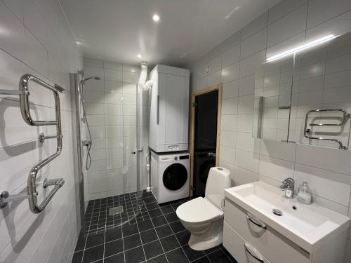 a bathroom with a toilet and a sink and a shower at Funäs Fjällby Funäsdalen in Funäsdalen