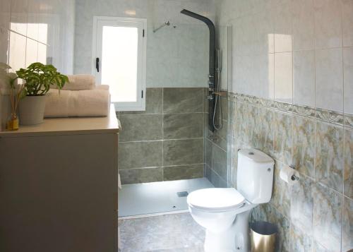a bathroom with a toilet and a shower and a sink at Fuerteventura Beach Vacations in Puerto del Rosario
