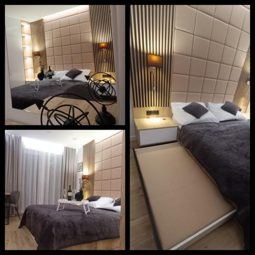 three pictures of a bedroom with a mirror and a bed at Apartament Skorpion Marina & Spa Sagaris Dziwnów in Dziwnów