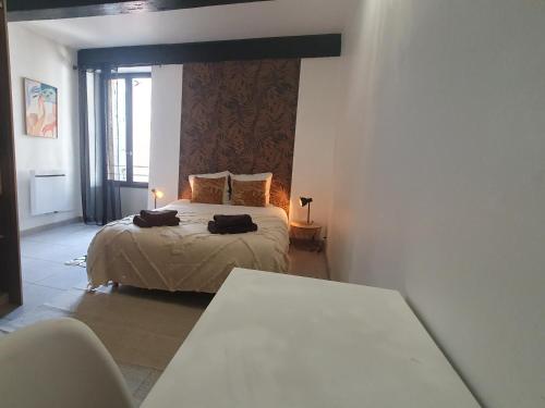 Un dormitorio con una cama con dos bolsas. en COSY CLIM CENTRE VILLE, en Montélimar