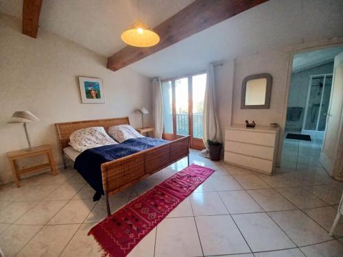 a bedroom with a bed and a red rug at Un petit oasis en plein centre de Céret. in Céret