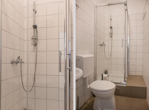 a bathroom with a toilet and a shower at Basic 2BR Apt Perfectly Connected&Well Positioned in Vienna