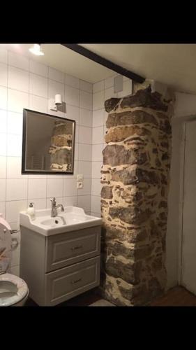 une salle de bain avec un lavabo et un mur en pierre dans l'établissement Magnifique maison avec piscine au calme du Gers, à Pouydraguin