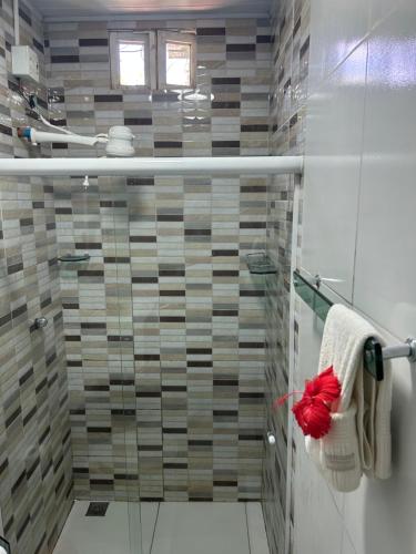 La salle de bains est pourvue d'une douche et d'une paroi en verre. dans l'établissement Estação Noronha Hostel, à Fernando de Noronha