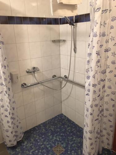 ein Bad mit Dusche und Duschvorhang in der Unterkunft Hotel Nord in Rheinbach