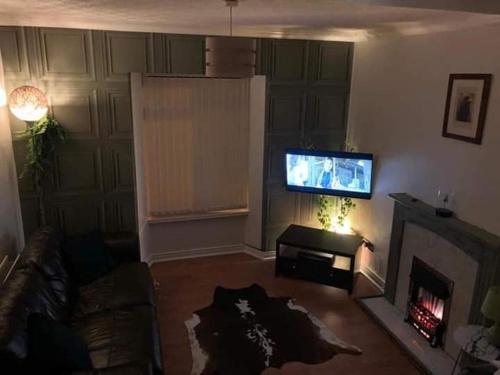 a living room with a fireplace and a television at Port Lodge Northern Ireland in Portaferry