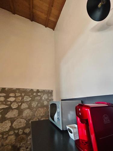 eine Mikrowelle auf einem Tisch mit einem Toaster in der Unterkunft Podere La Branda in Vetralla