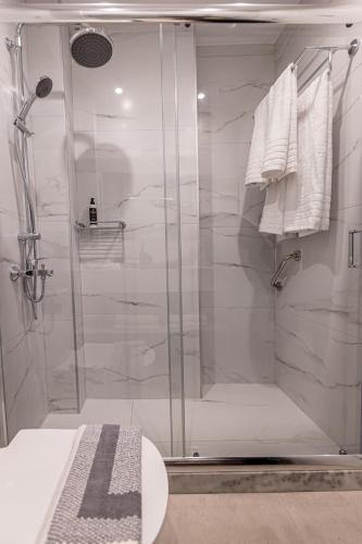 a shower with a glass door in a bathroom at Kaleo Chios Luxury Apartments in Chios