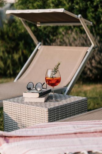 a table with a glass of wine and a book at Hotel Garni Katnau in Schenna
