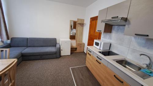 a living room with a couch and a kitchen at Apartmány Centrum with Garage in Rokytnice nad Jizerou