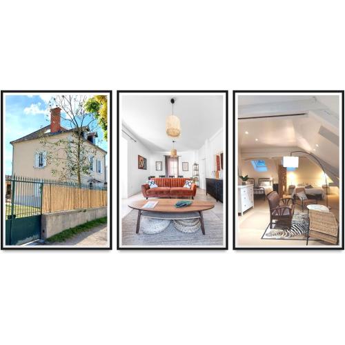 three pictures of a living room and a house at La Grande Maison Gannat in Gannat