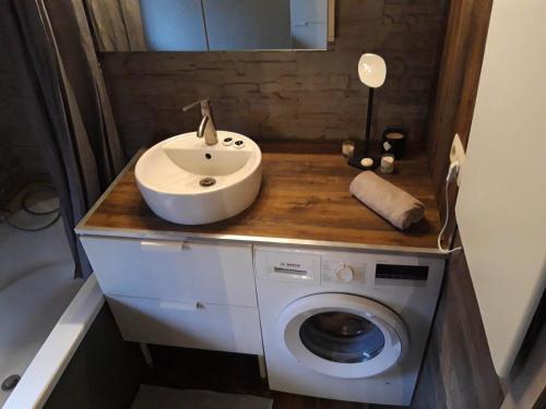 a bathroom with a sink and a washing machine at Le Héron ( Gîte ) in Blaimont