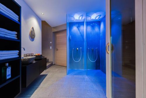 bagno con doccia e pareti blu di Paloria Apartments & Sport a Lagundo