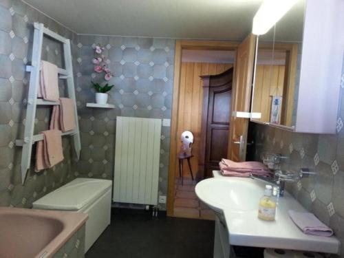 uma casa de banho com um lavatório, um WC e uma banheira em bei der Arve 4 Bett Wohnung em Grindelwald