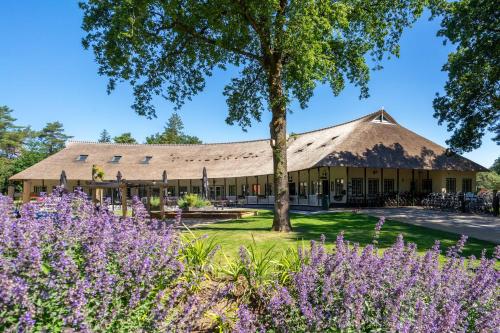 a building with a tree and purple flowers at Landgoed 't Wildryck in Diever