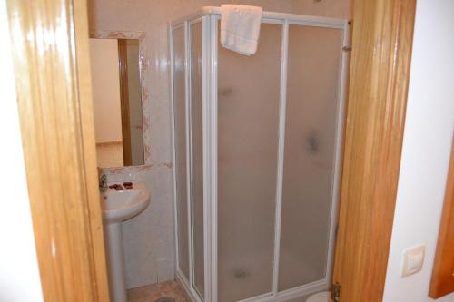 a bathroom with a shower and a sink at Hotel Restaurante Las Camelias in Jarrio