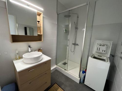 une salle de bain avec un lavabo et une douche dans l'établissement 6PA36 Résidence du Port d Avall, à Collioure
