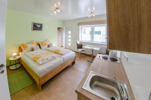 Kleines Zimmer mit einem Bett und einem Waschbecken in der Unterkunft Weingut Guttmann - Apartment Schwalbennester in Weiden am See