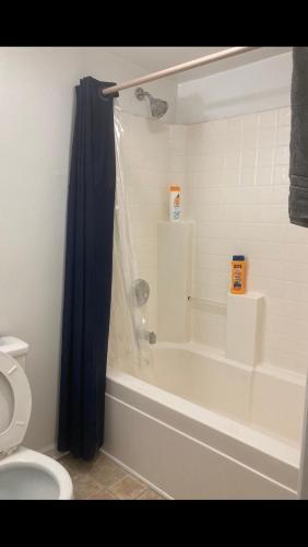 a bathroom with a bath tub and a toilet at THE Clubhouse MASTERS GOLF THEMED 1 KING BED 1 BATH FURNISHED APARTMENT FULL SIZE KITCHEN FULL SIZE LEATHER PULL OUT SLEEPER SOFA IN LIVING ROOM & FULL SIZE LEATHER SOFA 1 GIG FIBER INTERNET DIRECTV PREMIUM PACKAGE ALL SPORTS & MOVIE CHANNELS & DVR in Columbia