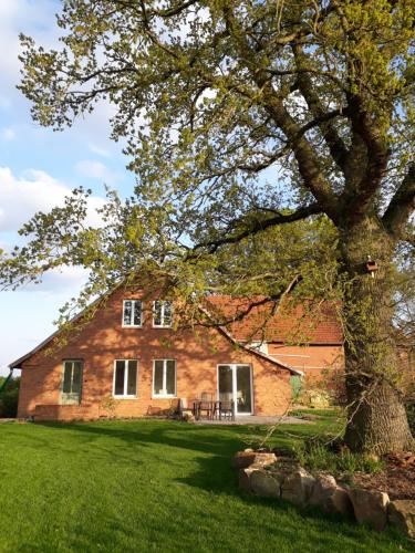 an old brick house with a tree in the foreground at Ferienhaus Mein Stall in Borken