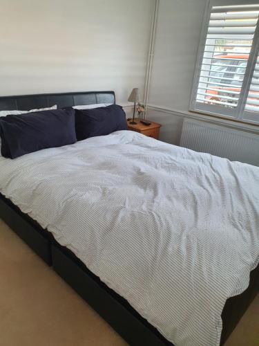 a bedroom with a large white bed with blue pillows at 30 Heath Estate in Waldingfield