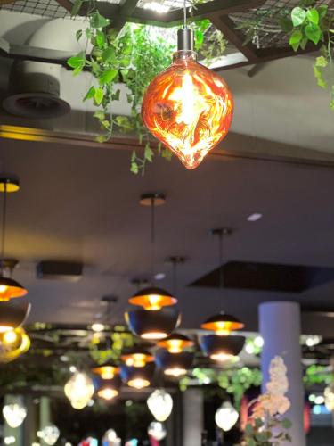 a bunch of lights hanging from a ceiling at Design Hotel Winterrot in Karlsruhe