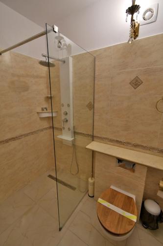 a shower with a wooden seat in a bathroom at Casa Poveste Pensiunea-Muzeu in Câmpulung Moldovenesc