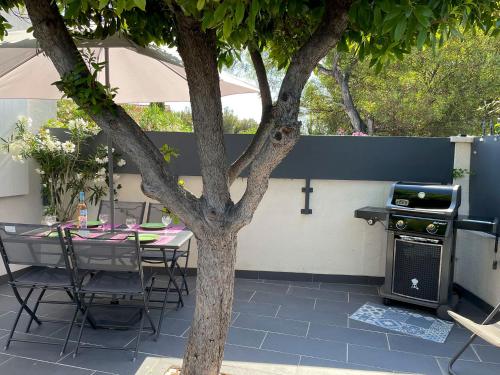une table et des chaises à côté d'un arbre avec un grill dans l'établissement Key Largo villa 2p avec pkg clim grande terrasse avec jacuzzi proche port et plage, à Bandol