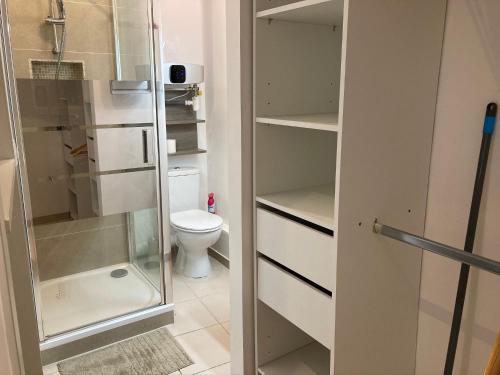 a bathroom with a toilet and a glass closet at Key Largo villa 2p avec pkg clim grande terrasse avec jacuzzi proche port et plage in Bandol