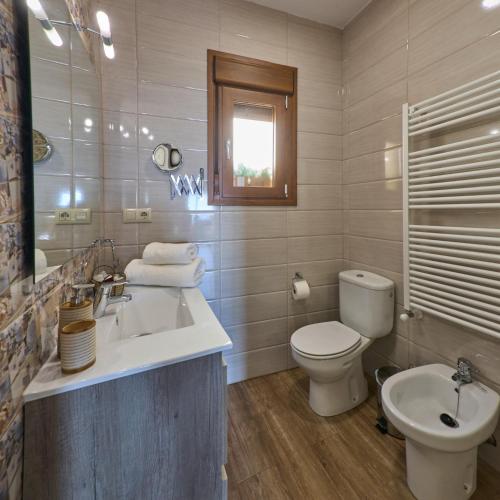 a bathroom with a white toilet and a sink at La Lancha del Jerte in El Torno