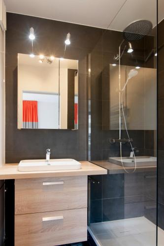 une salle de bain avec un lavabo et une douche dans l'établissement Casteja Modern Residence, à Boulogne-Billancourt