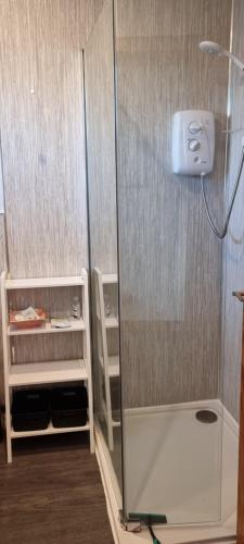 een douche met een glazen deur in de badkamer bij The Shelter Stone Cottage in Aviemore