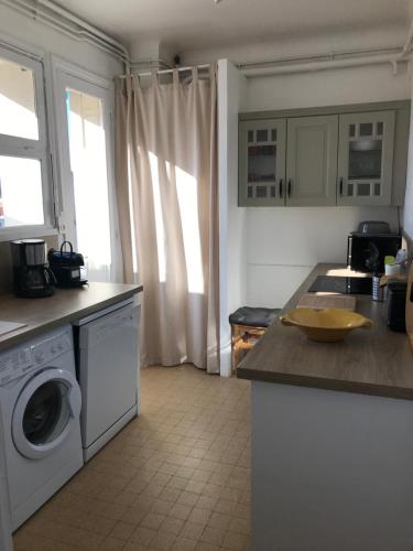 a kitchen with a washer and dryer on a counter at Appartement avec vue panoramique in Vichy