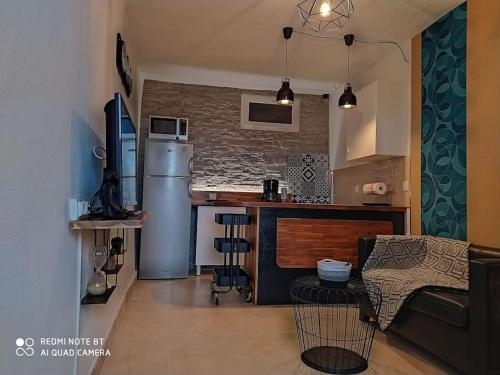 eine Küche mit einem Kühlschrank und einer Theke in einem Zimmer in der Unterkunft Duplex avec jardin, proche village in Calenzana