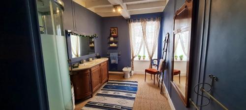 niebieska łazienka z umywalką i lustrem w obiekcie Maison de 2 chambres avec wifi a Mauzun w mieście Mauzun