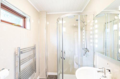 uma casa de banho com um chuveiro e um lavatório. em Bluebell Lodge 2 with Hot Tub em Newton Stewart