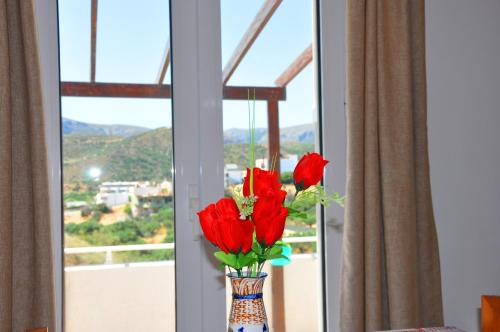 a vase filled with red flowers in a window at Lagos Studios & Apartments in Palekastron